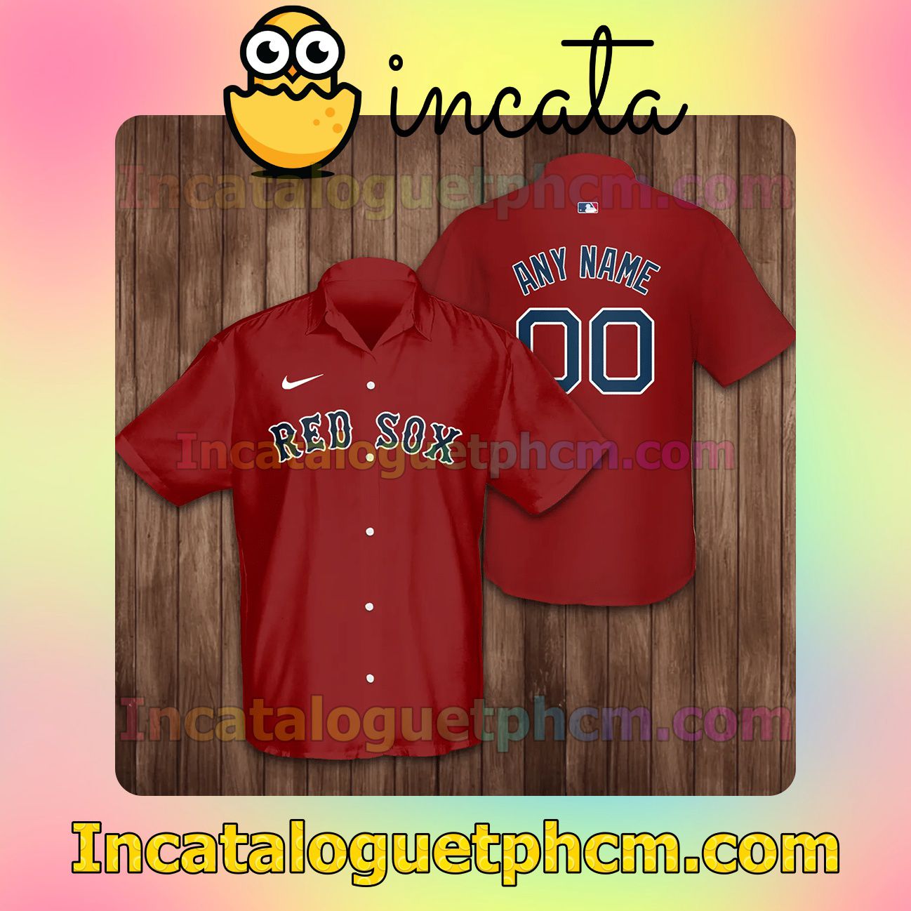 Personalized Boston Red Sox Baseball Red Button Shirt And Swim Trunk