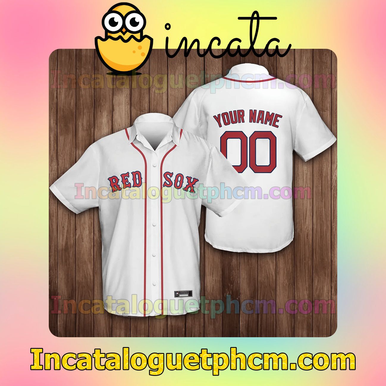 Personalized Boston Red Sox Baseball White Button Shirt And Swim Trunk