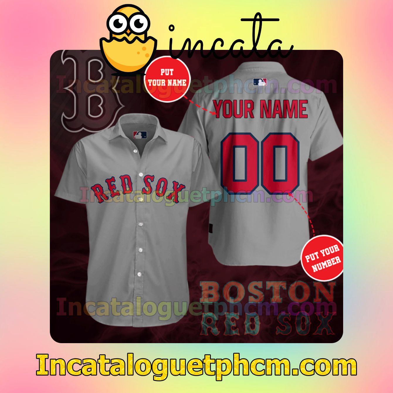 Personalized Boston Red Sox Light Gray Button Shirt And Swim Trunk