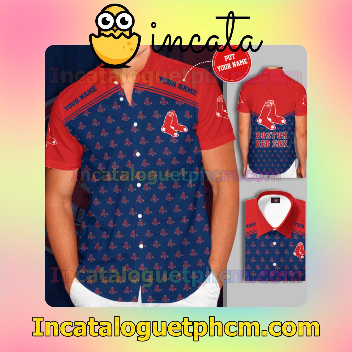 Personalized Boston Red Sox Logo Cobalt Red Button Shirt And Swim Trunk