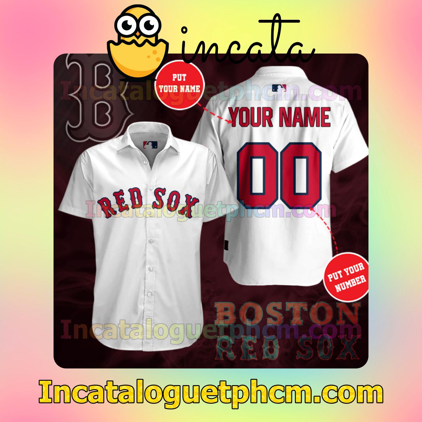 Personalized Boston Red Sox White Button Shirt And Swim Trunk