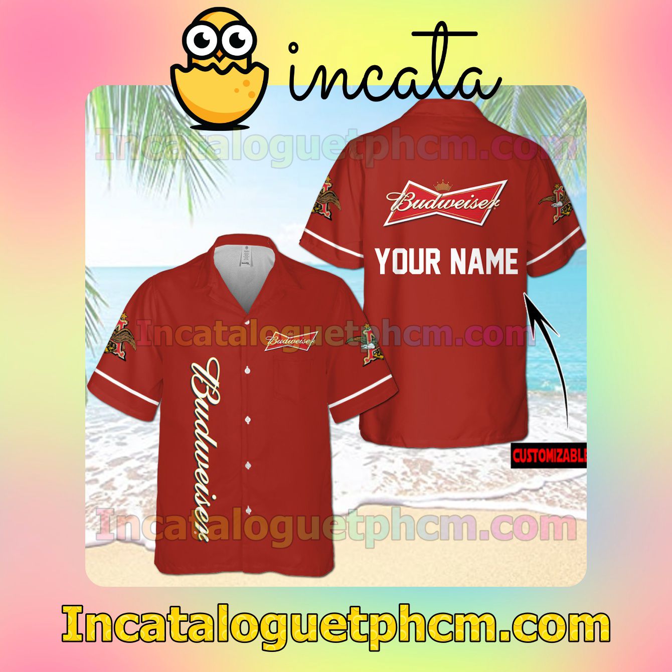 Personalized Budweiser Beer Logo Red Button Shirt And Swim Trunk