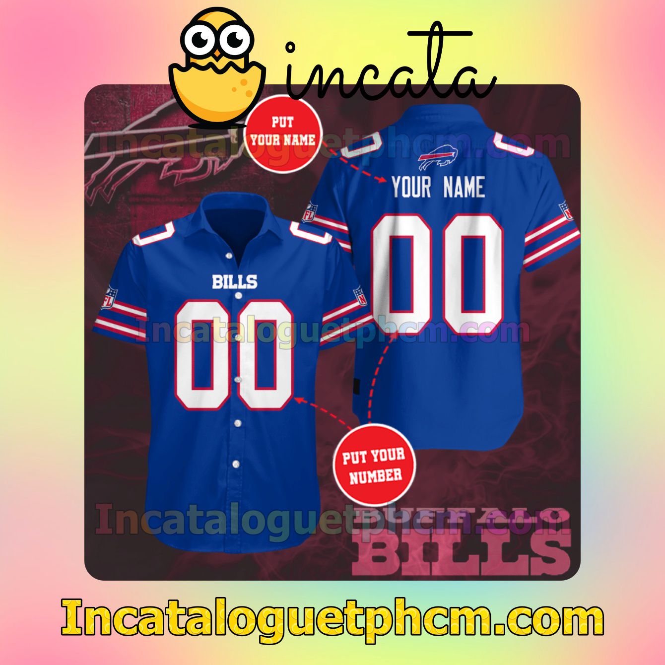 Personalized Buffalo Bills Football Team Blue Button Shirt And Swim Trunk