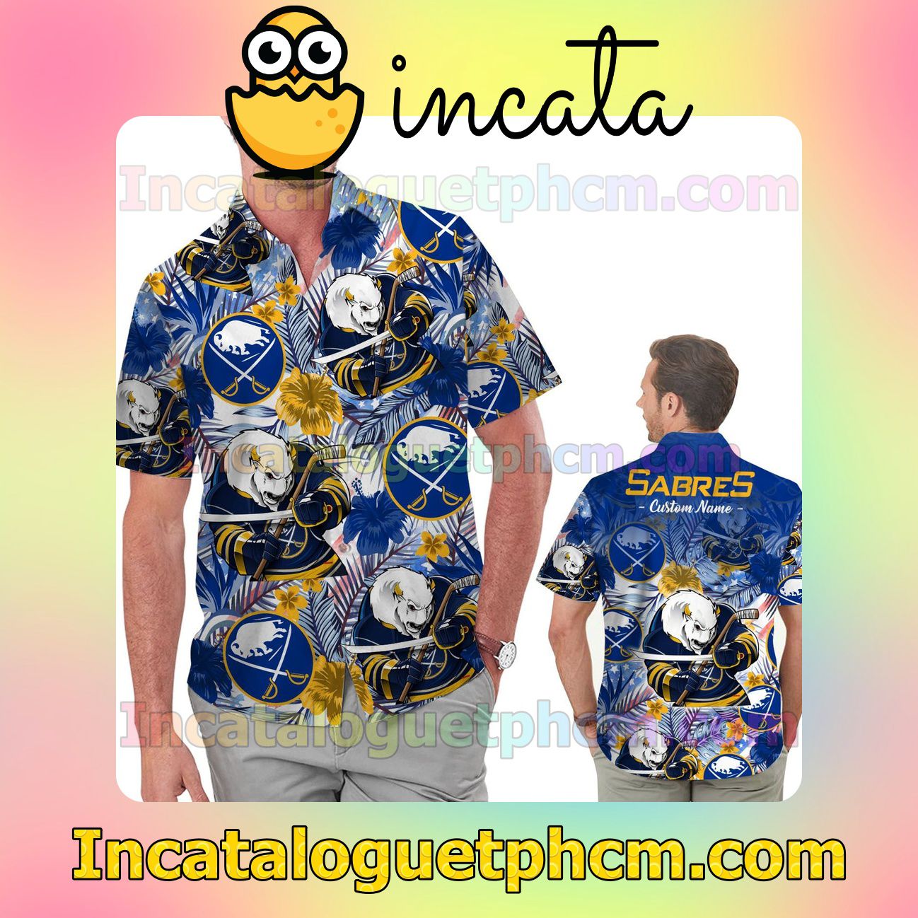 Personalized Buffalo Sabres Tropical Floral America Flag Beach Vacation Shirt, Swim Shorts