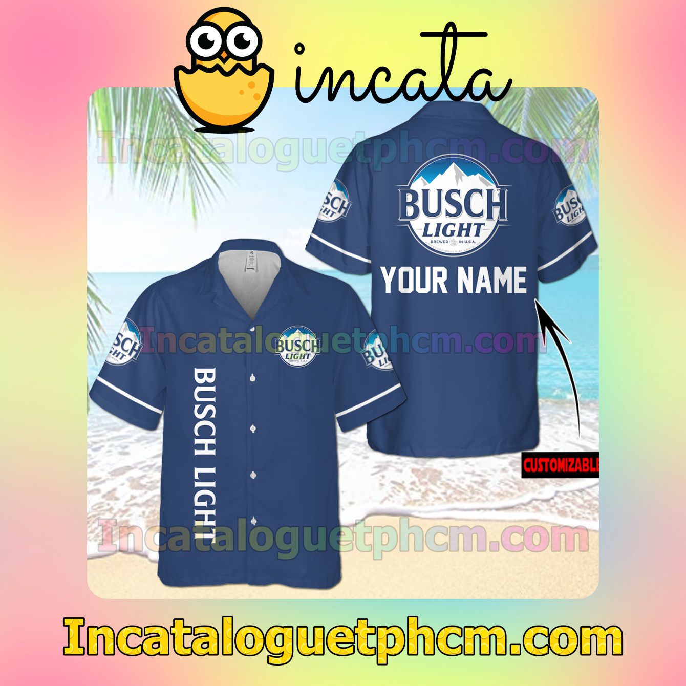 Personalized Busch Light Navy Button Shirt And Swim Trunk