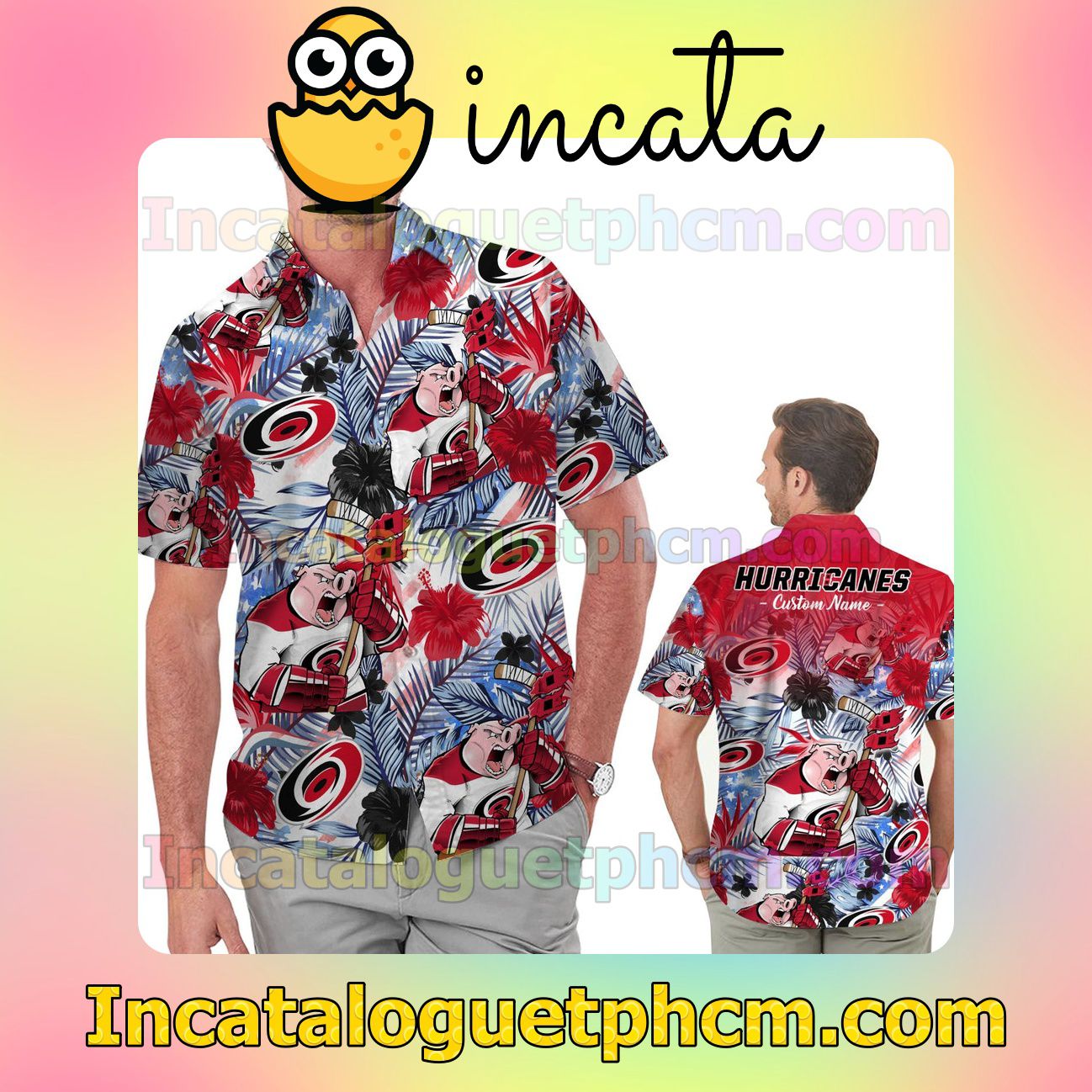 Personalized Carolina Hurricanes Tropical Floral America Flag Beach Vacation Shirt, Swim Shorts