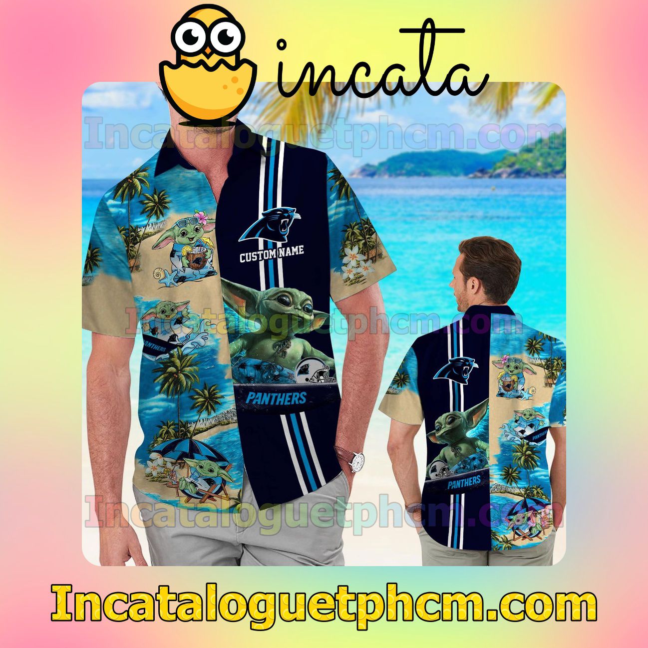 Personalized Carolina Panthers Baby Yoda Beach Vacation Shirt, Swim Shorts