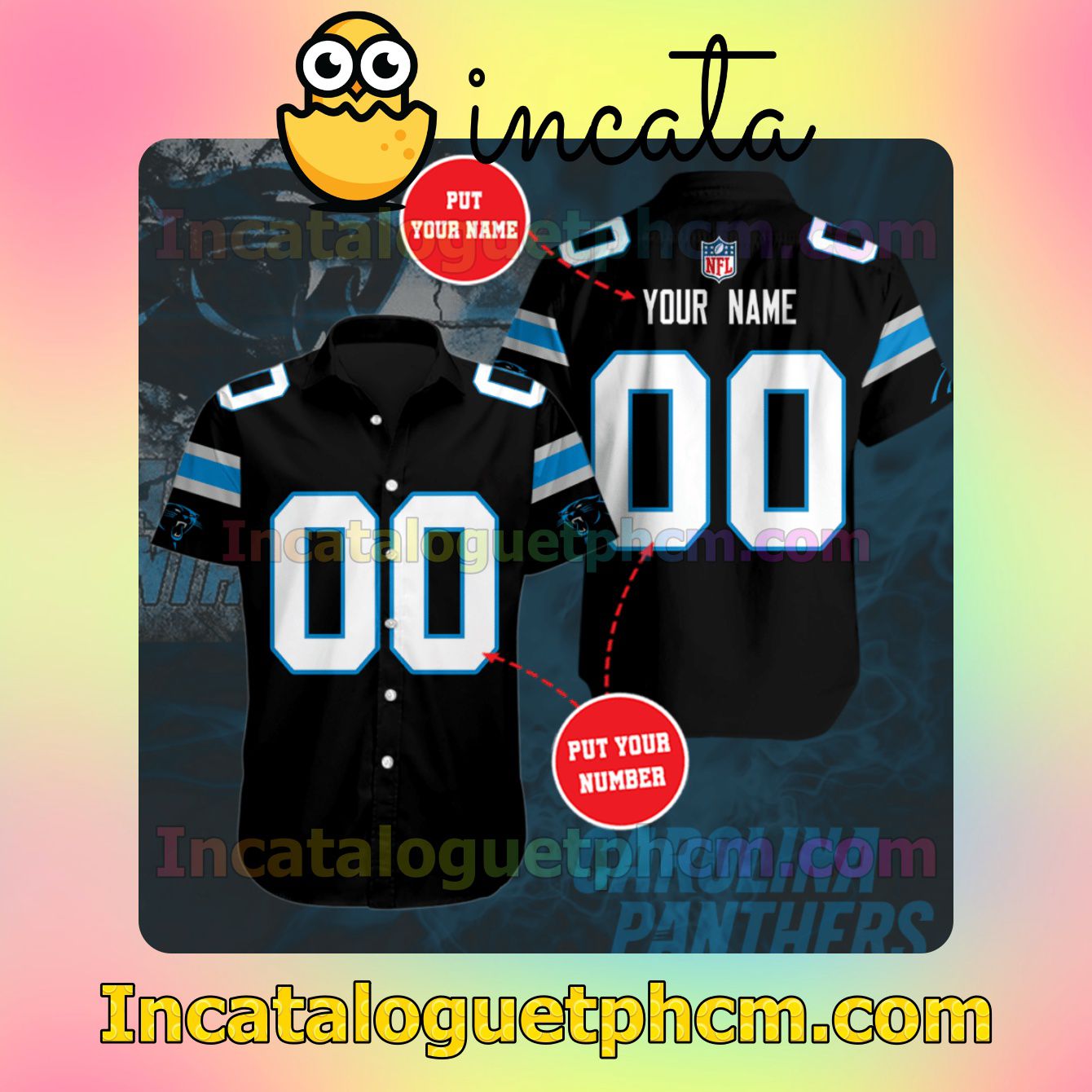 Personalized Carolina Panthers Football Team Black Button Shirt And Swim Trunk