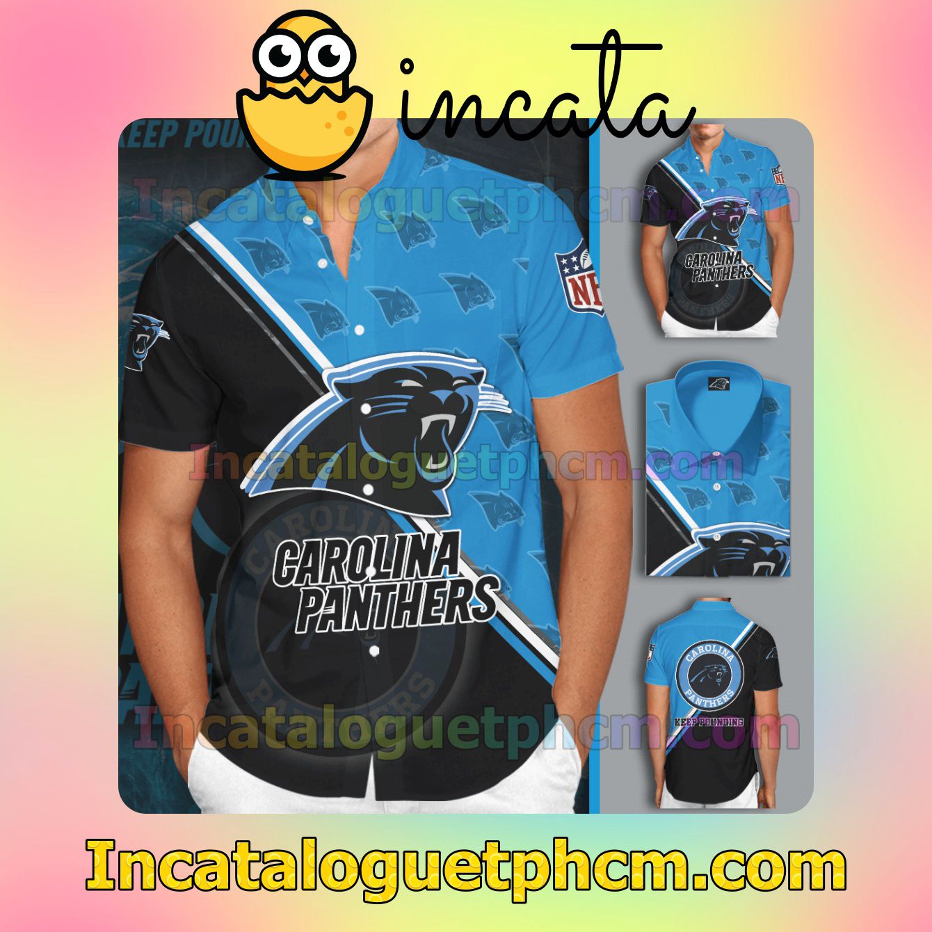 Personalized Carolina Panthers Football Team Blue Button Shirt And Swim Trunk