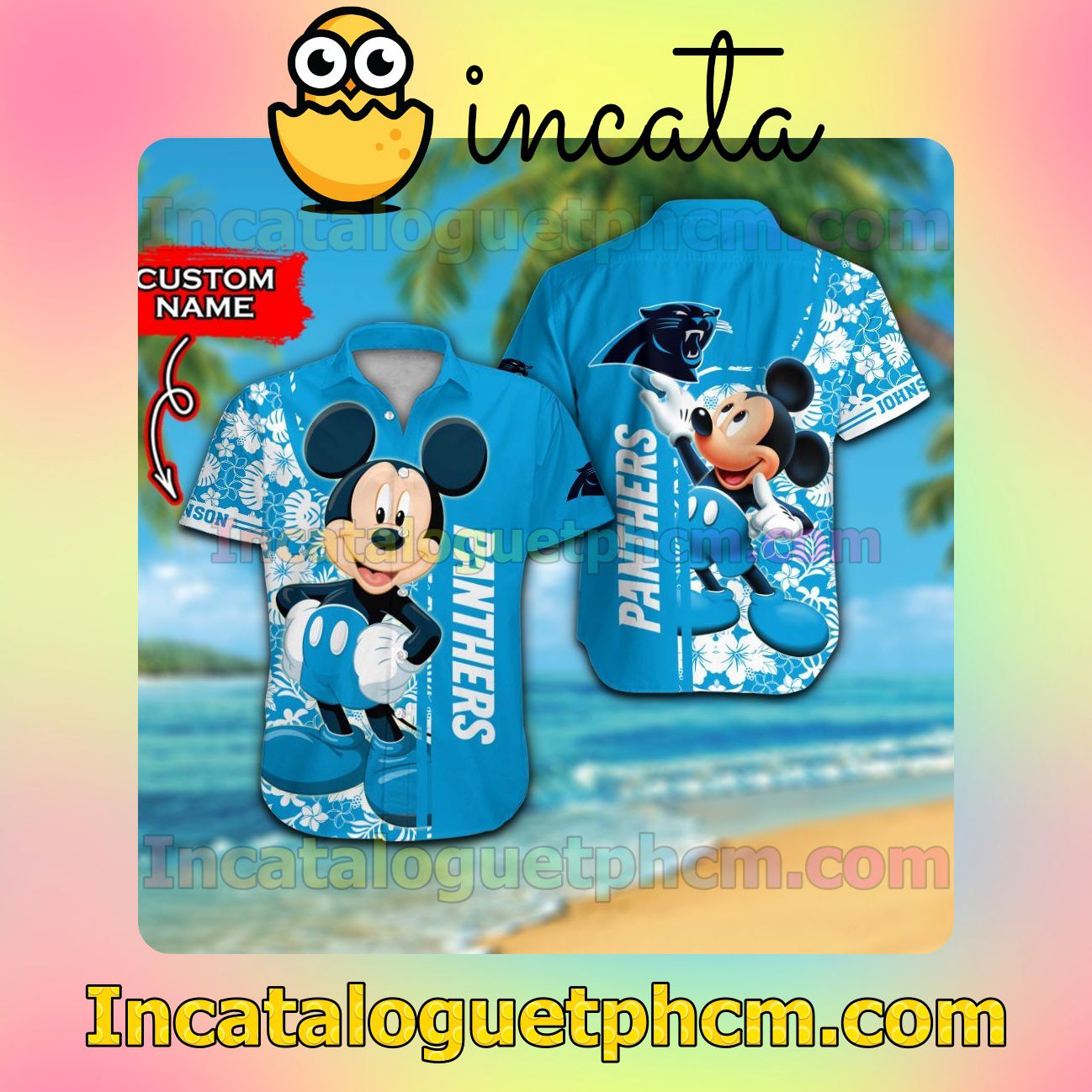 Personalized Carolina Panthers & Mickey Mouse Beach Vacation Shirt, Swim Shorts