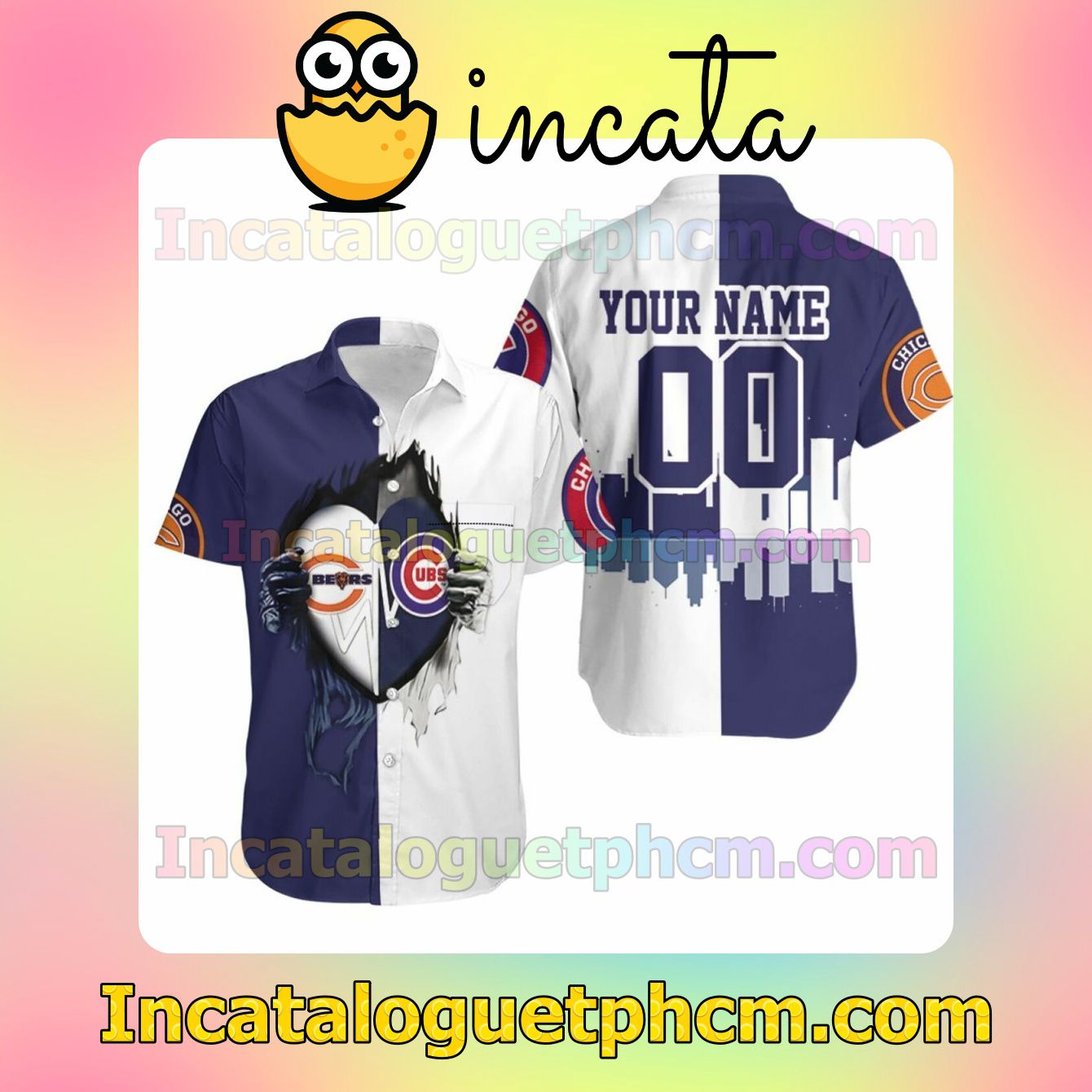 Personalized Chicago Bears And Chicago Cubs Heartbeat Love Ripped Custom Short Sleeve Shirt