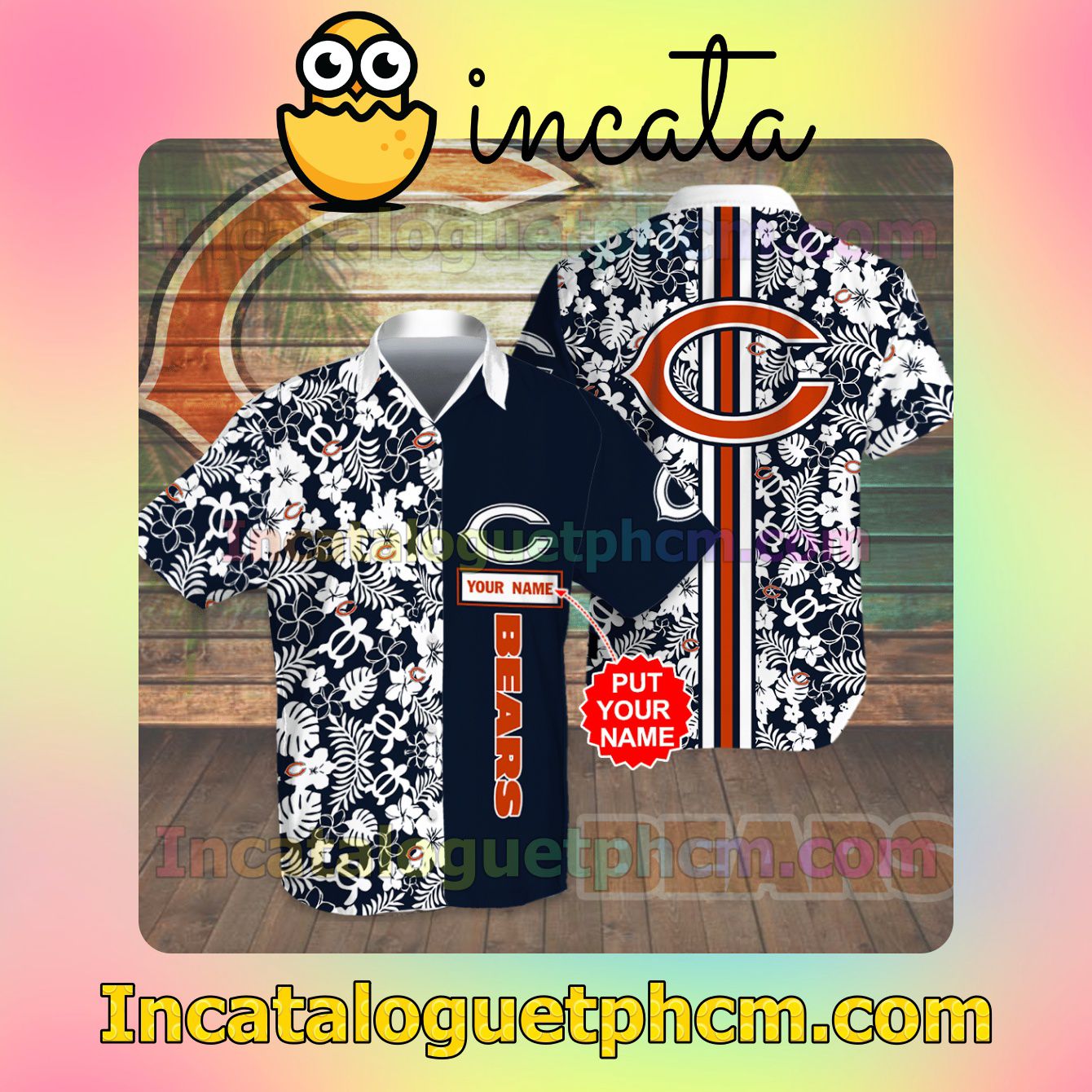 Personalized Chicago Bears Flowery Black Button Shirt And Swim Trunk