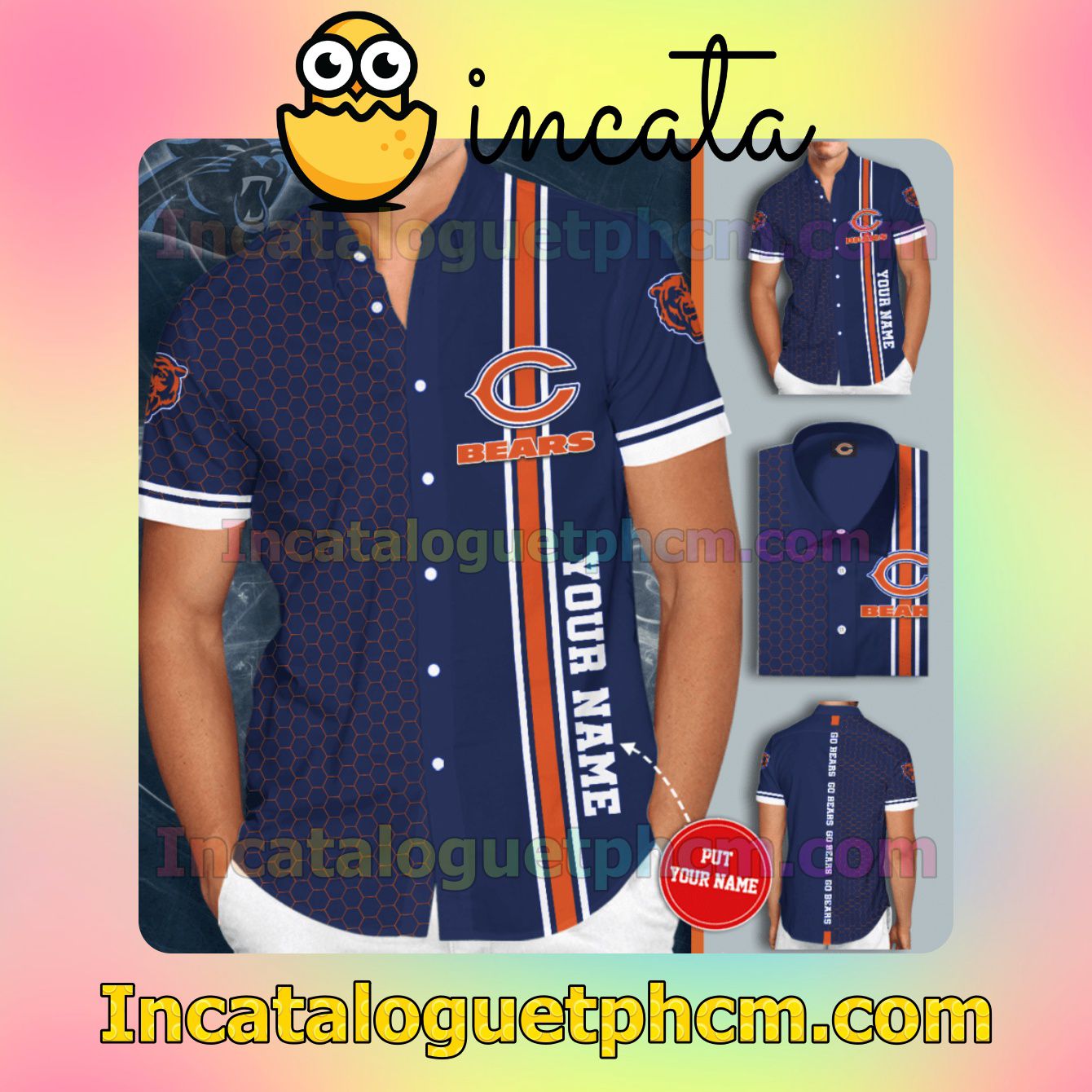 Personalized Chicago Bears Football Team Blue Button Shirt And Swim Trunk