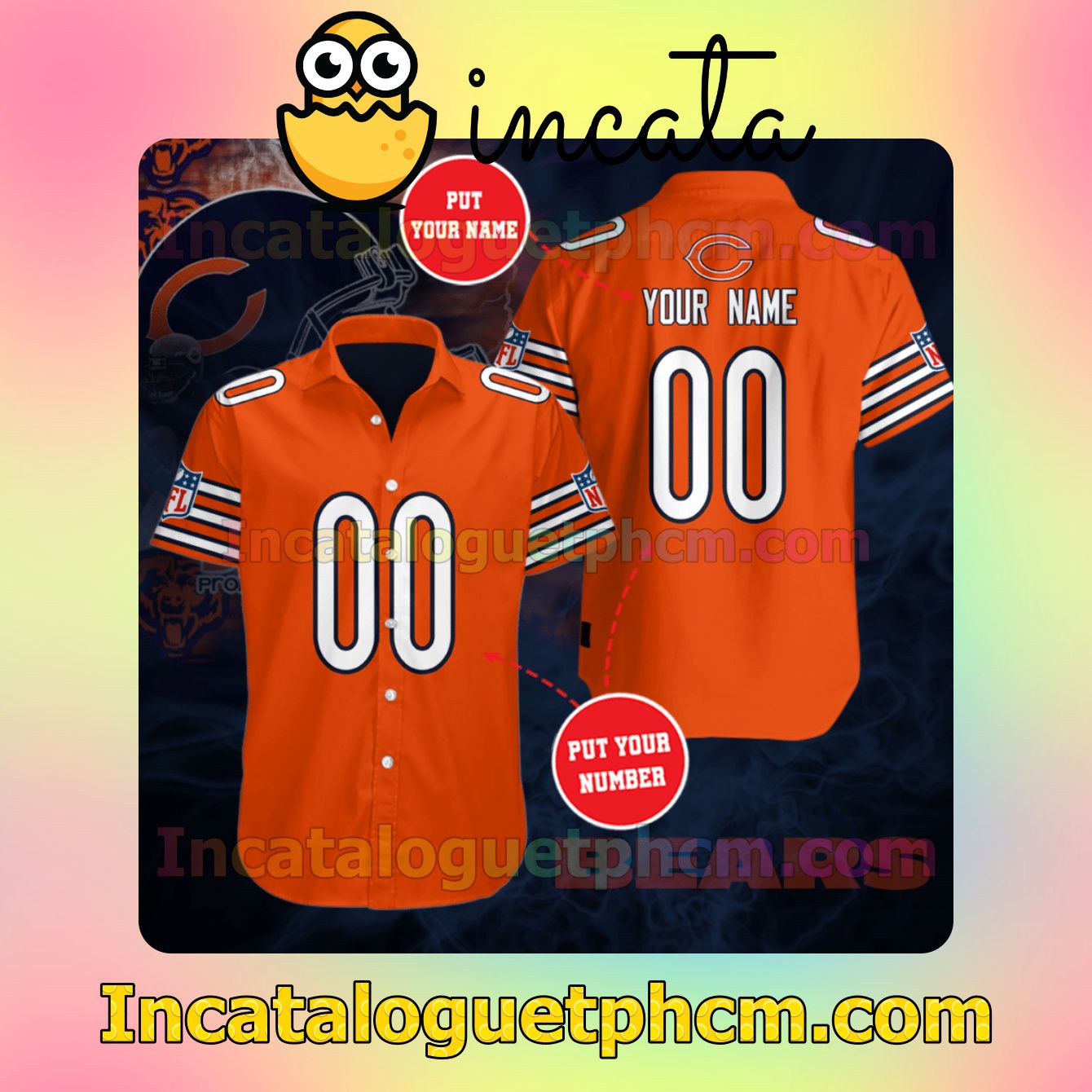 Personalized Chicago Bears Orange Button Shirt And Swim Trunk
