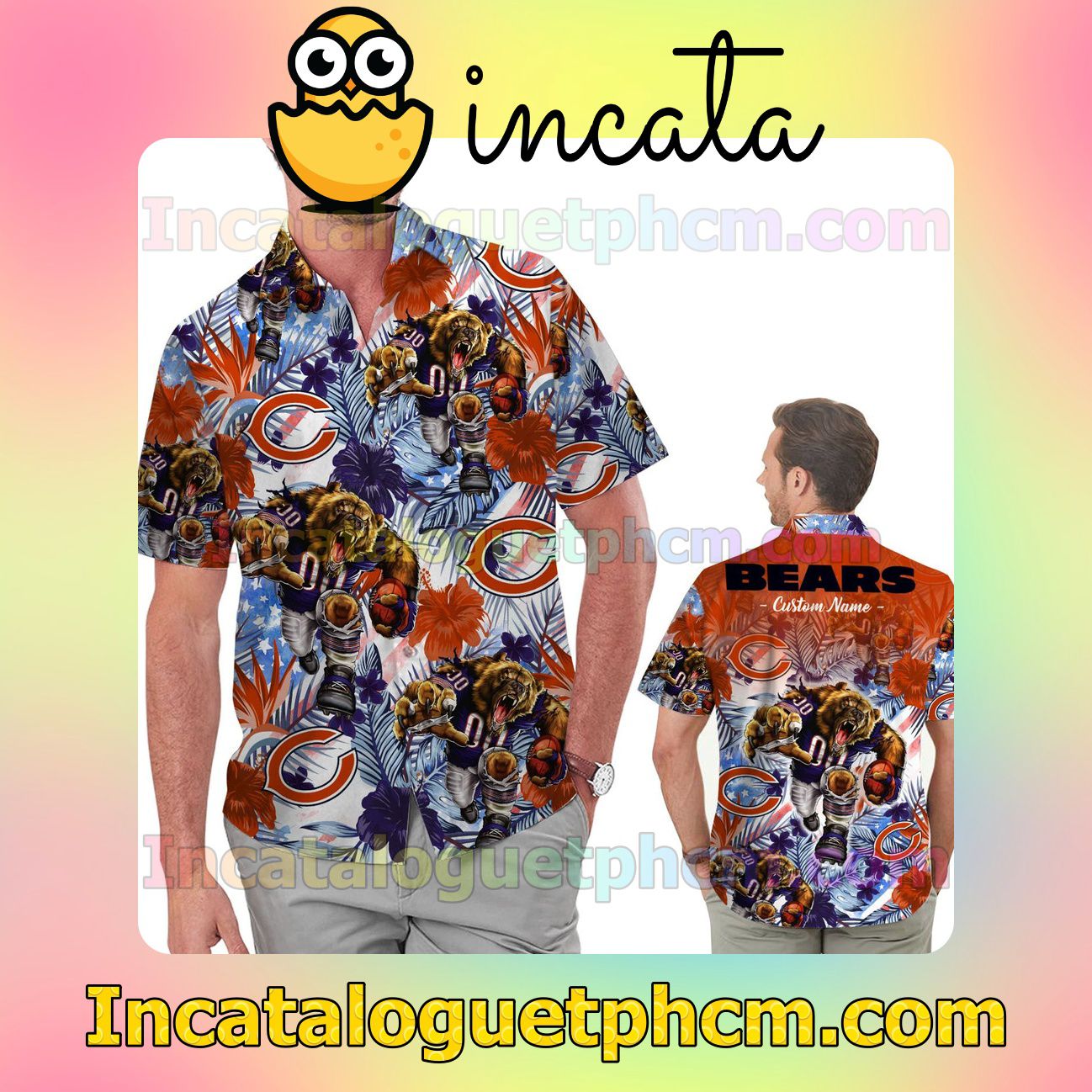 Personalized Chicago Bears Tropical Floral America Flag Aloha Beach Vacation Shirt, Swim Shorts