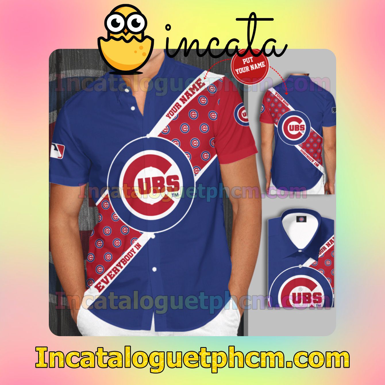 Personalized Chicago Cubs Blue Red Button Shirt And Swim Trunk