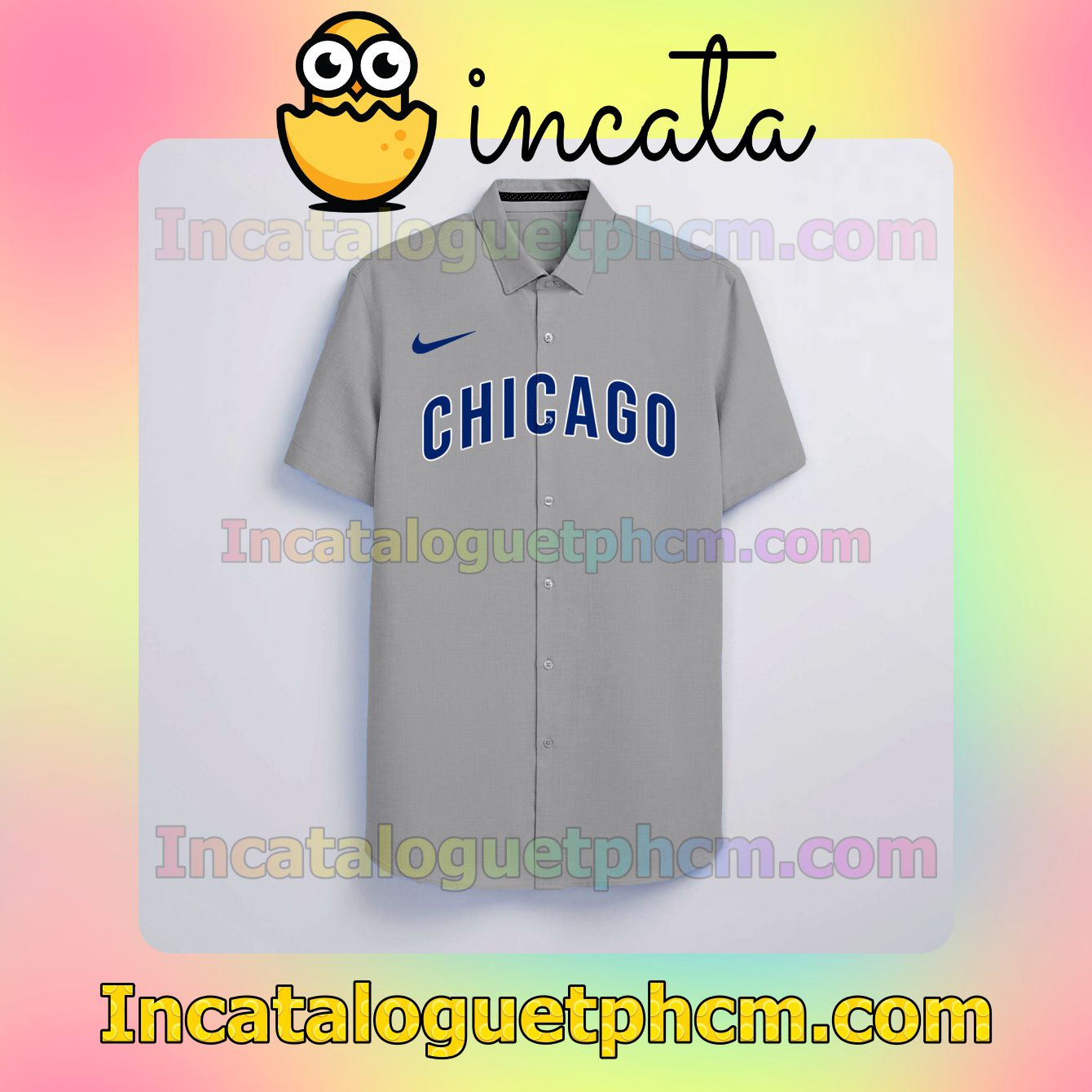 Personalized Chicago Cubs Gray Button Shirt And Swim Trunk