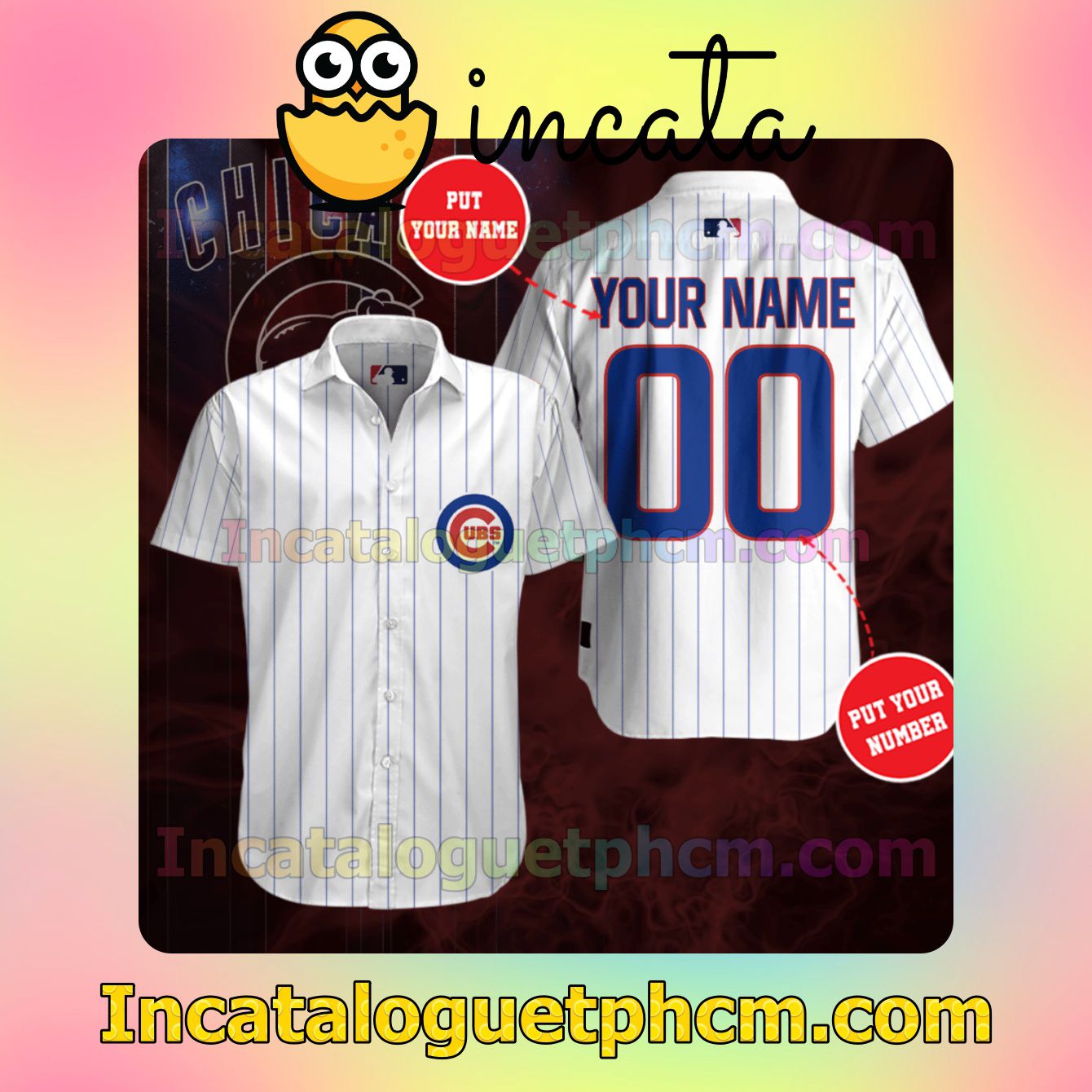 Personalized Chicago Cubs Pinstripe White Button Shirt And Swim Trunk