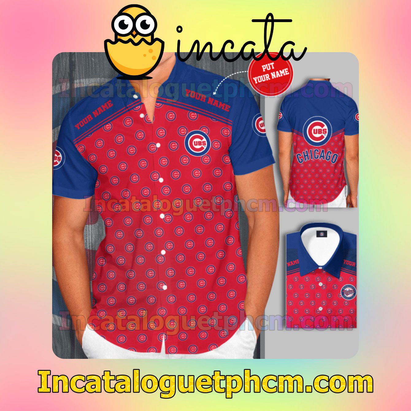 Personalized Chicago Cubs Red Blue Button Shirt And Swim Trunk