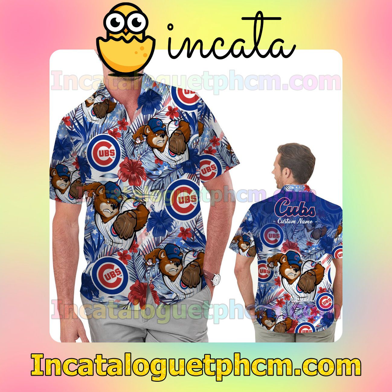 Personalized Chicago Cubs Tropical Floral America Flag For MLB Football Lovers Beach Vacation Shirt, Swim Shorts