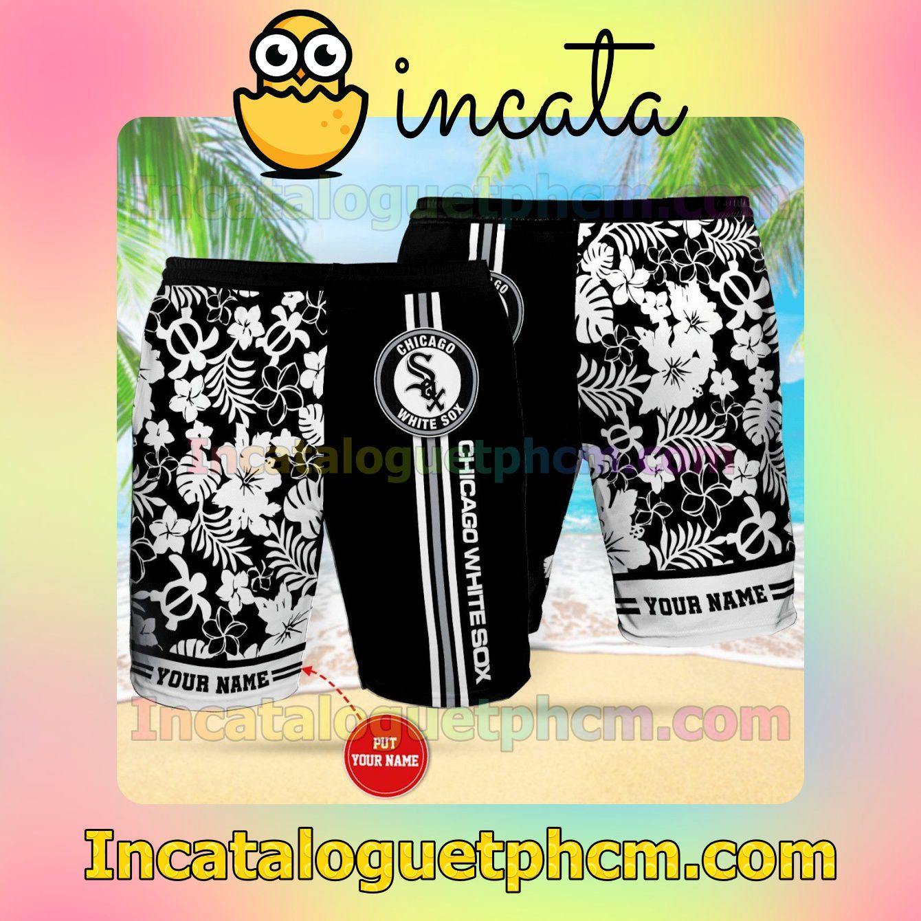 Personalized Chicago White Sox Black Button Shirt And Swim Trunk