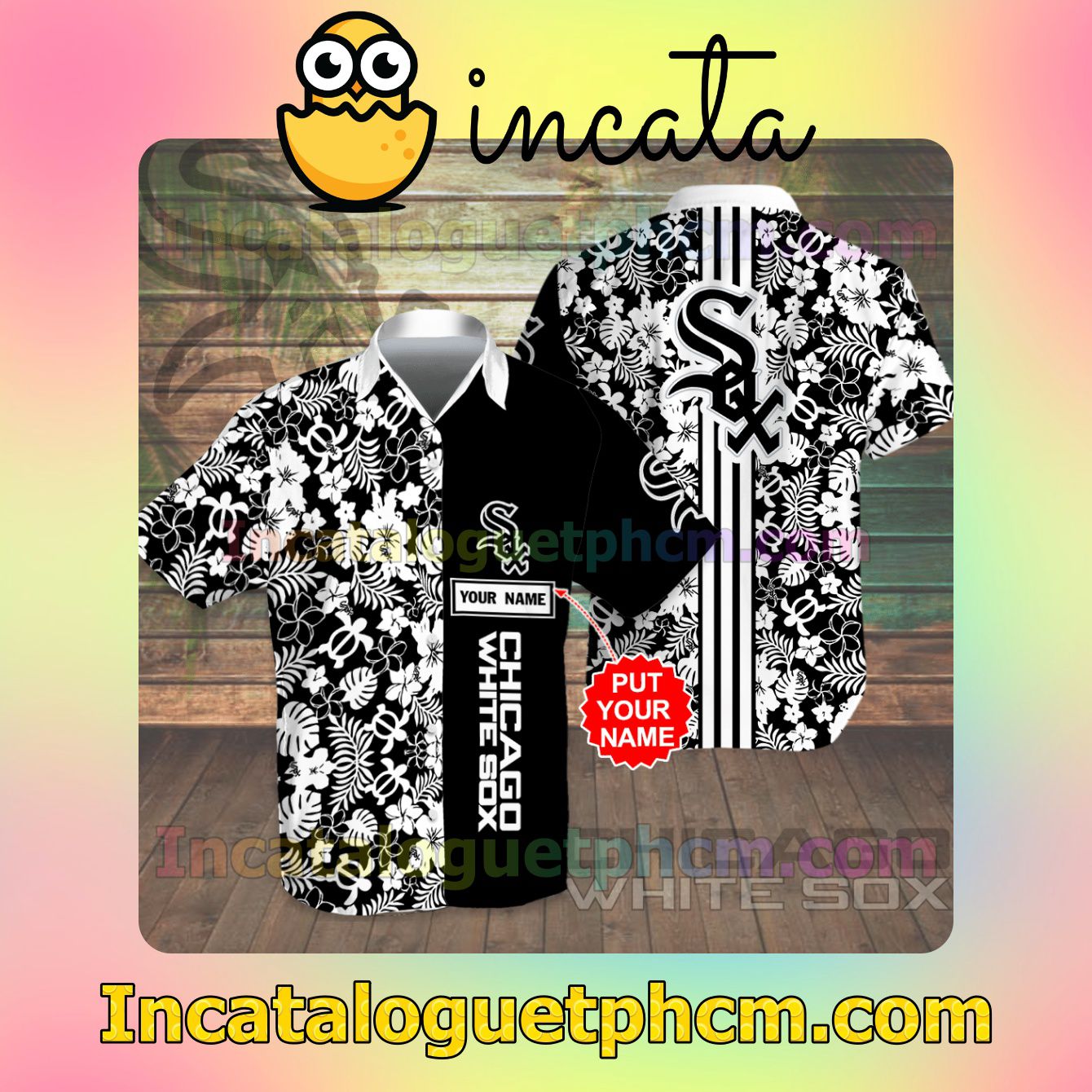Personalized Chicago White Sox Flowery Black Button Shirt And Swim Trunk