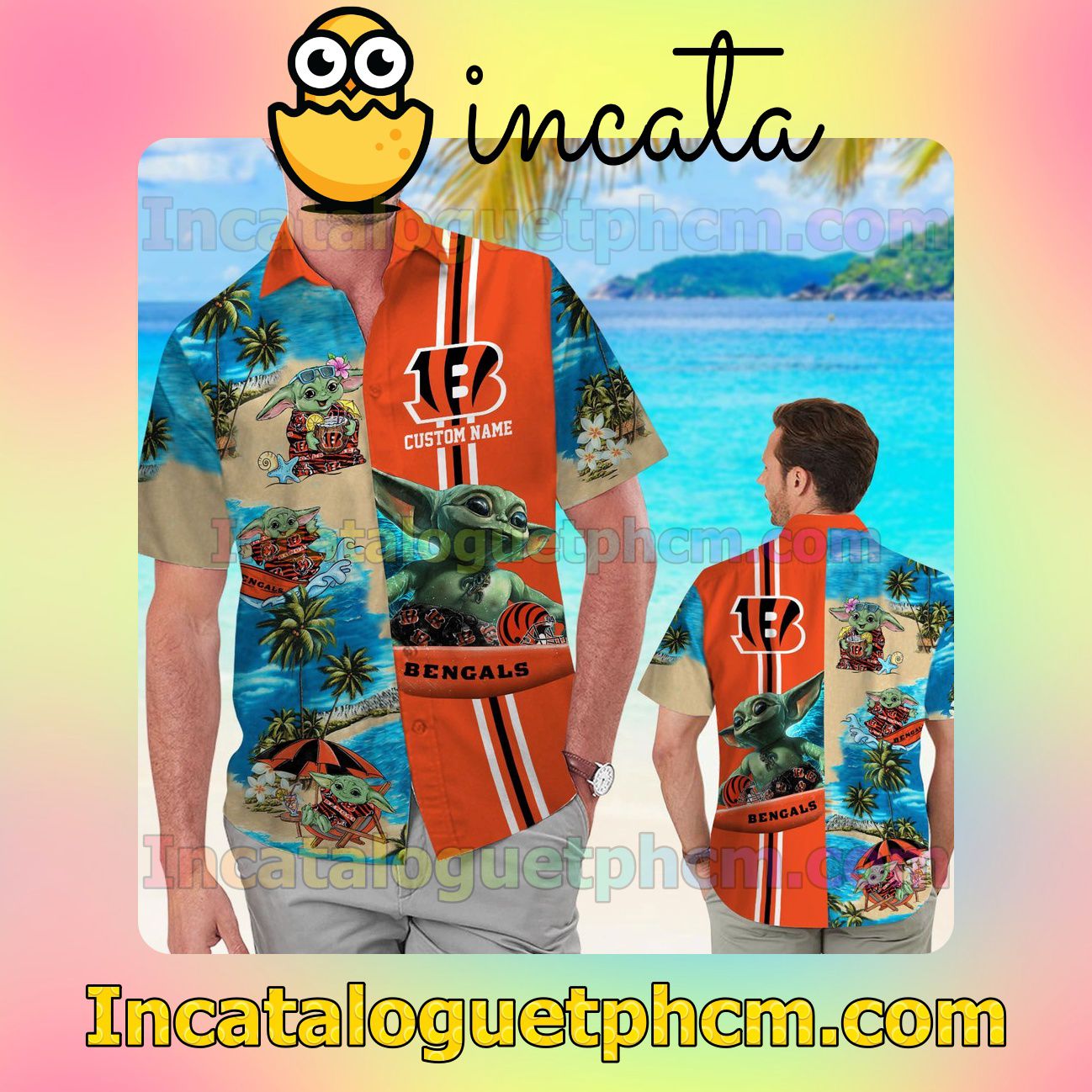 Personalized Cincinnati Bengals Baby Yoda Beach Vacation Shirt, Swim Shorts