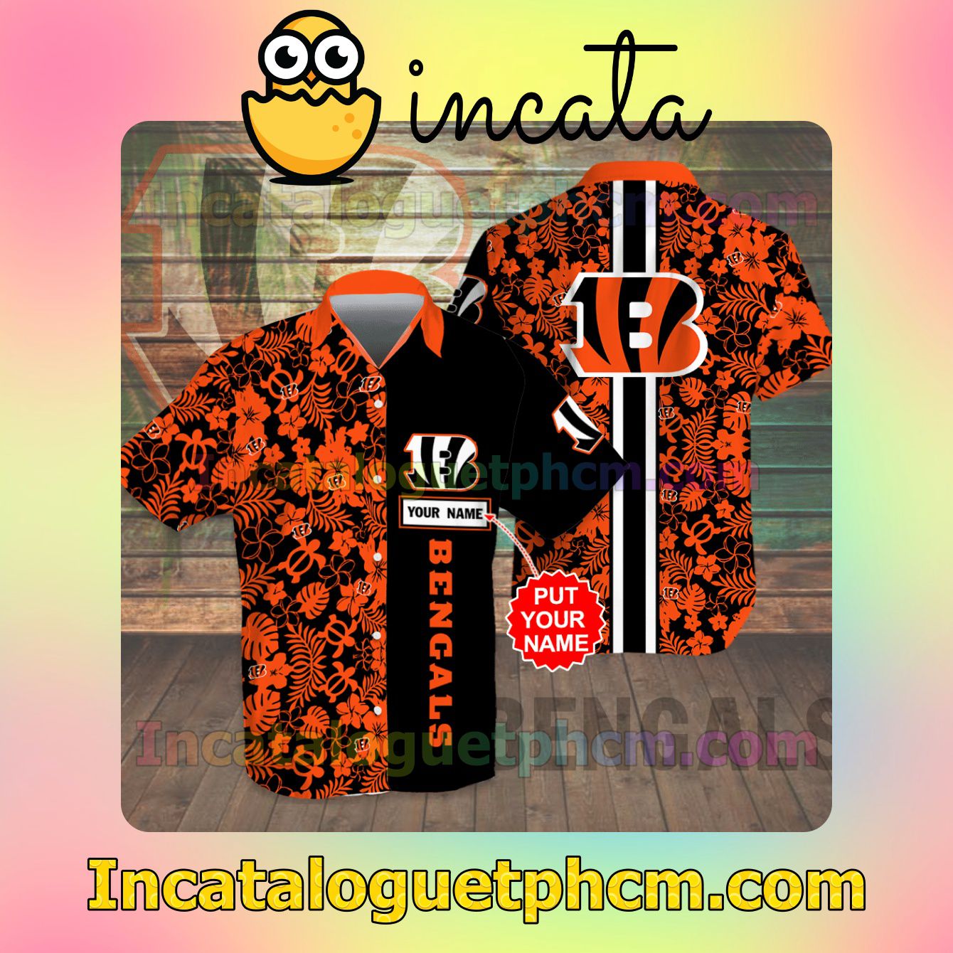 Personalized Cincinnati Bengals Flowery Black Orange Button Shirt And Swim Trunk