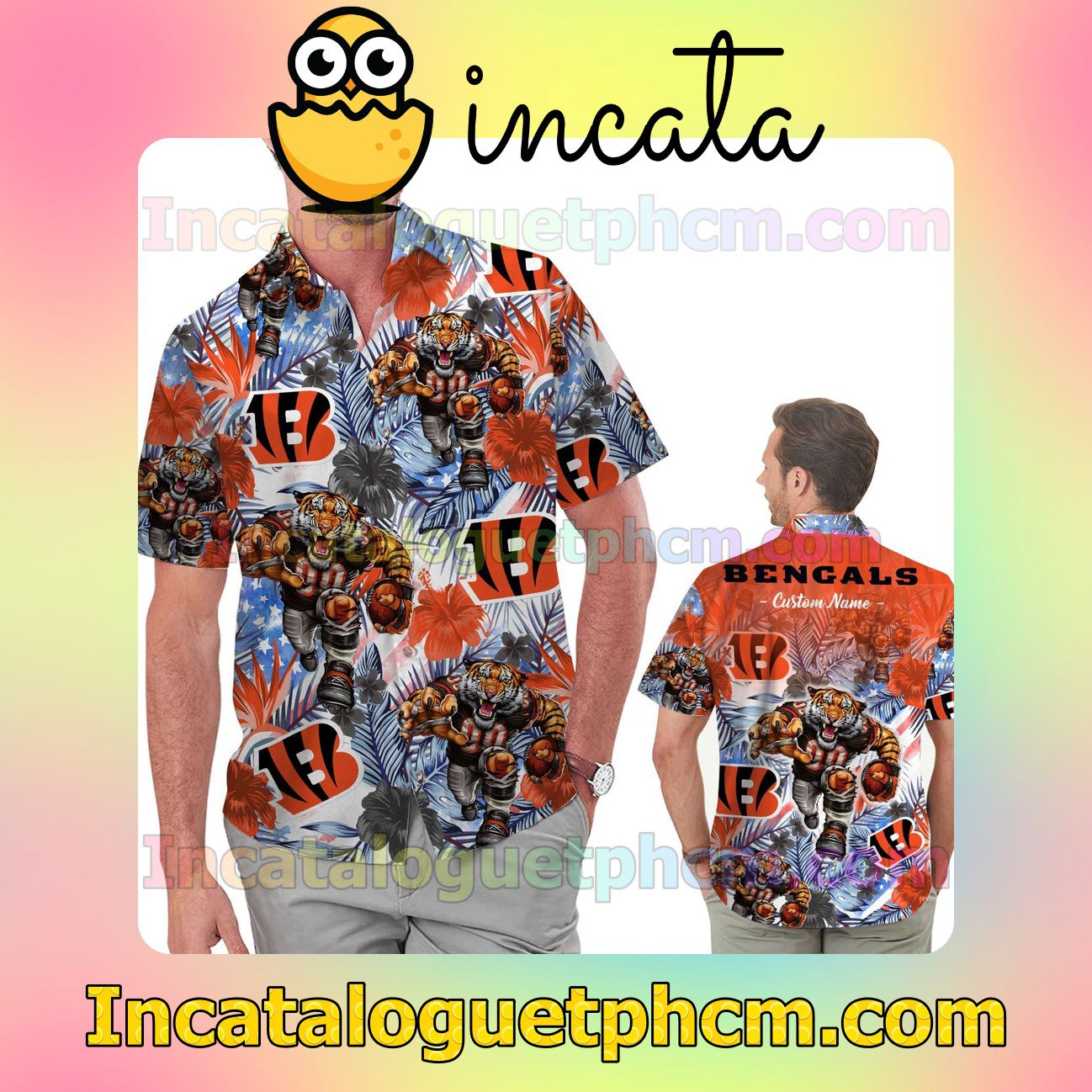 Personalized Cincinnati Bengals Tropical Floral America Flag Aloha Beach Vacation Shirt, Swim Shorts