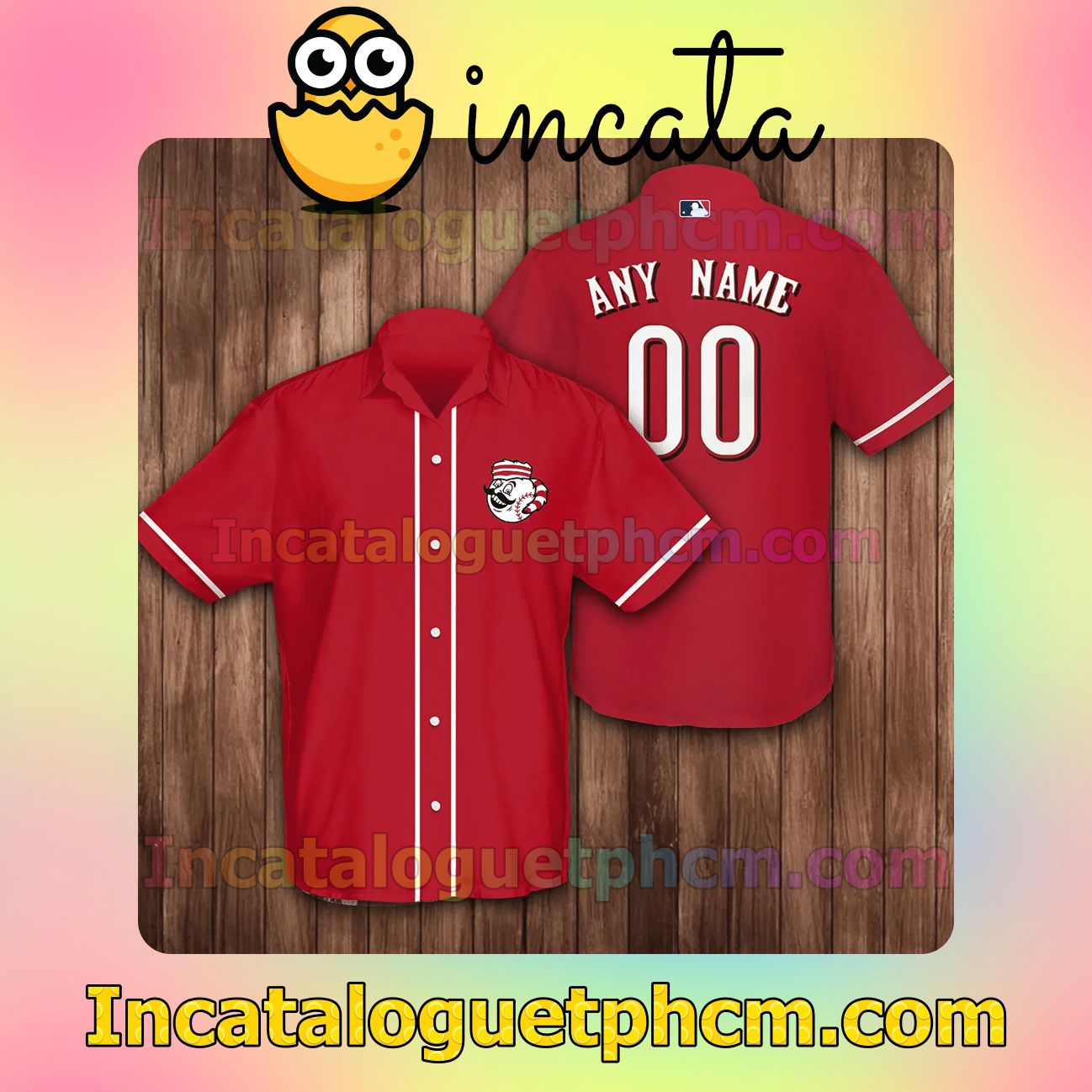 Personalized Cincinnati Reds Baseball Red Logo Branded Button Shirt And Swim Trunk