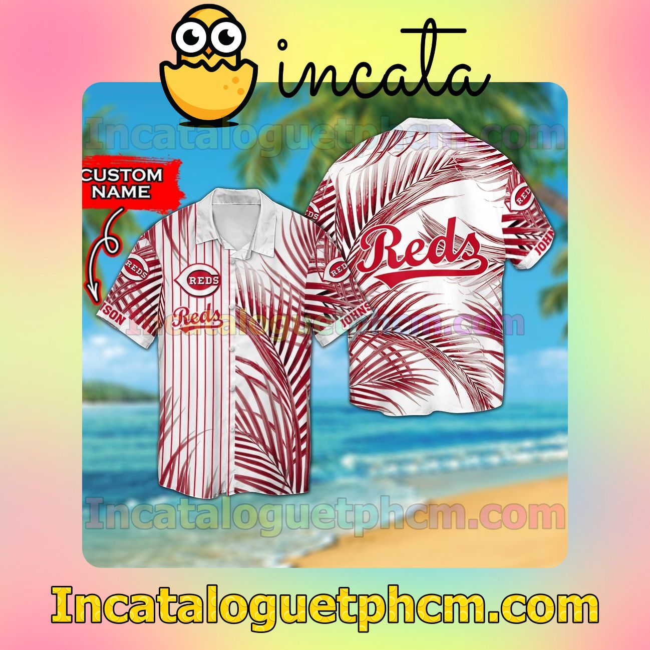 Personalized Cincinnati Reds Beach Vacation Shirt, Swim Shorts