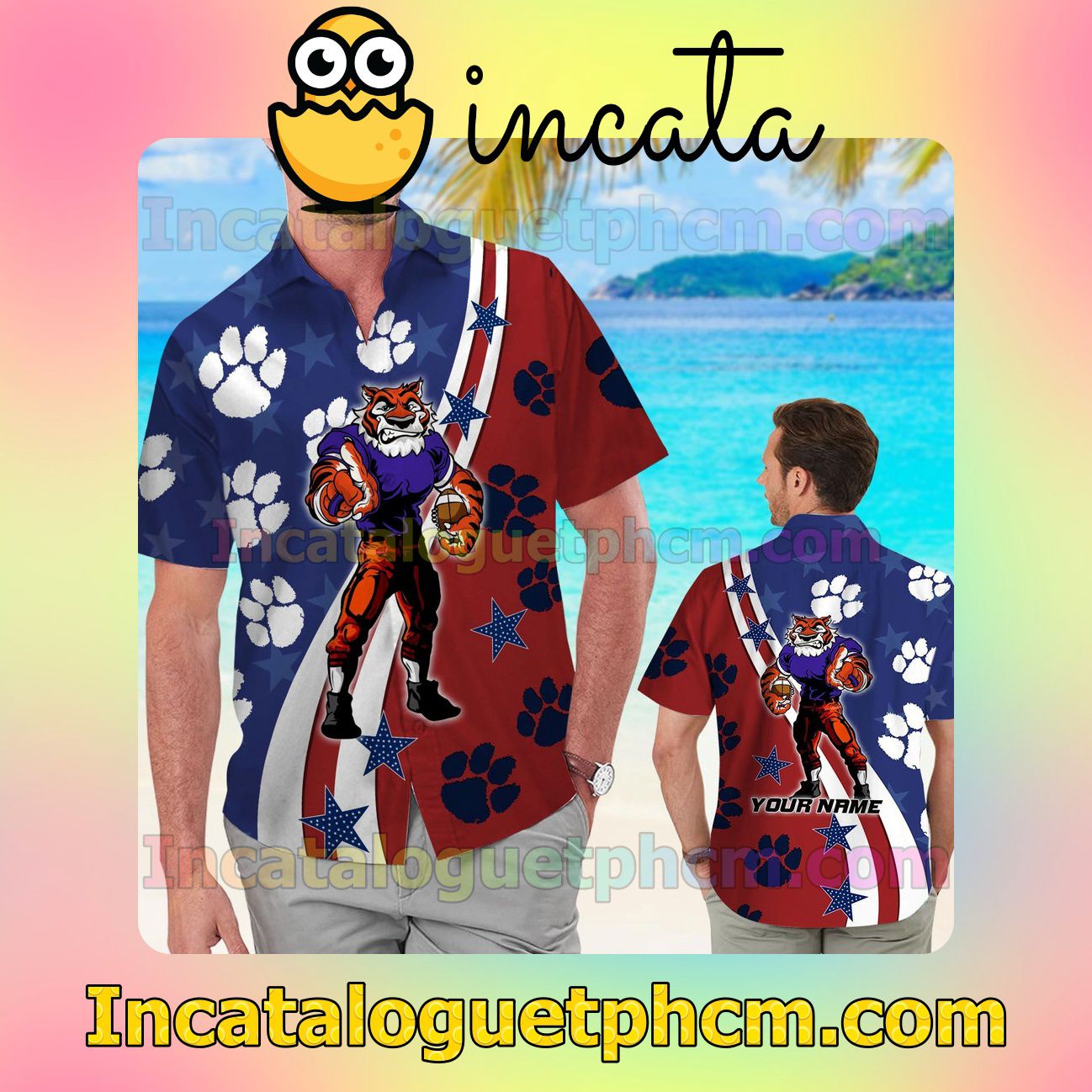 Personalized Clemson Tigers American Flag Beach Vacation Shirt, Swim Shorts