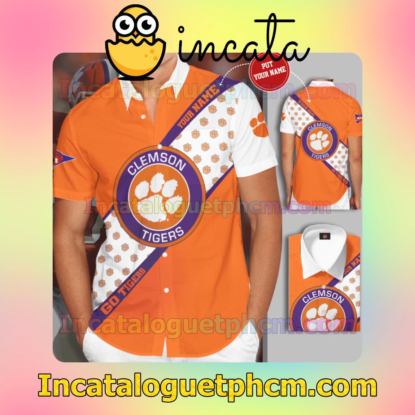Personalized Clemson Tigers Big Logo Orange White Button Shirt And Swim Trunk