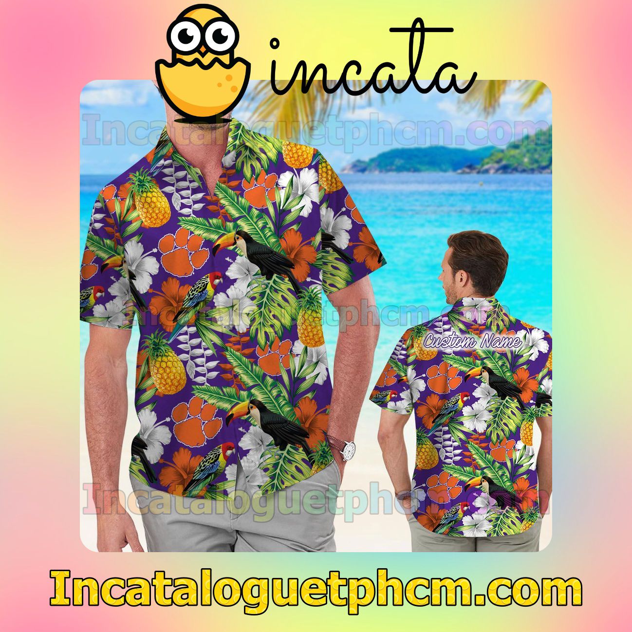 Personalized Clemson Tigers Parrot Floral Tropical Beach Vacation Shirt, Swim Shorts