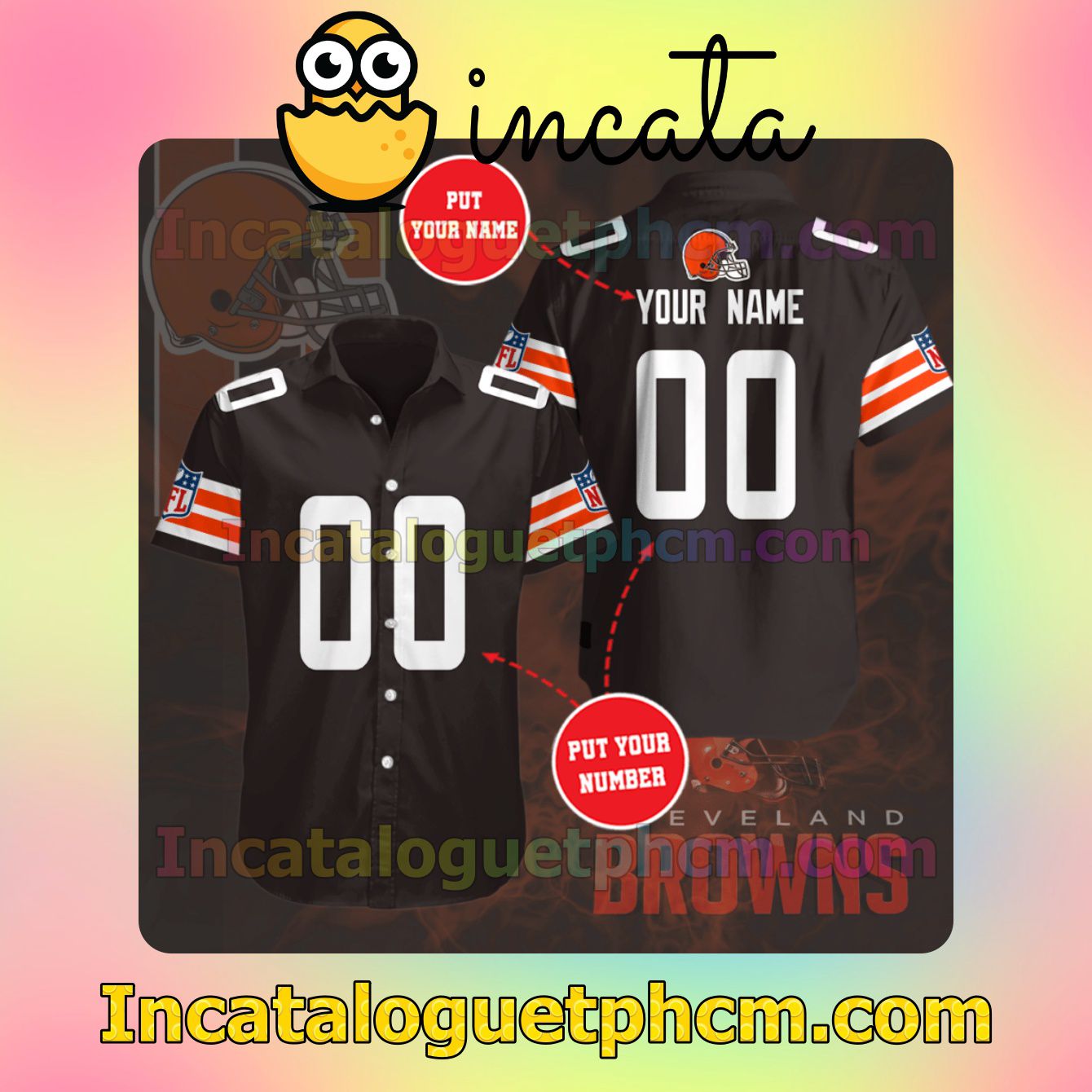 Personalized Cleveland Browns Black Button Shirt And Swim Trunk