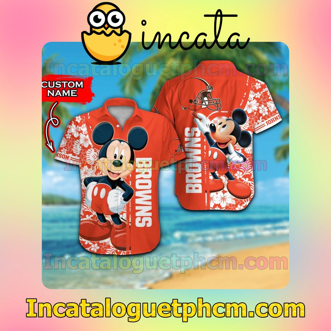 Personalized Cleveland Browns & Mickey Mouse Beach Vacation Shirt, Swim Shorts