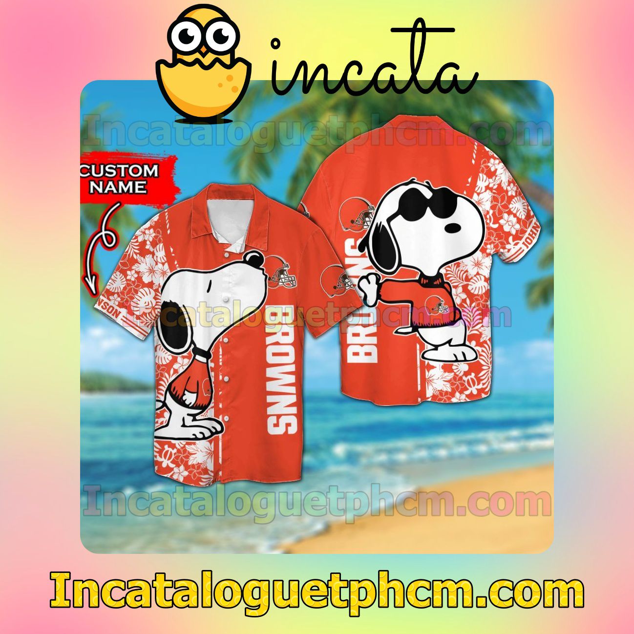 Personalized Cleveland Browns & Snoopy Beach Vacation Shirt, Swim Shorts