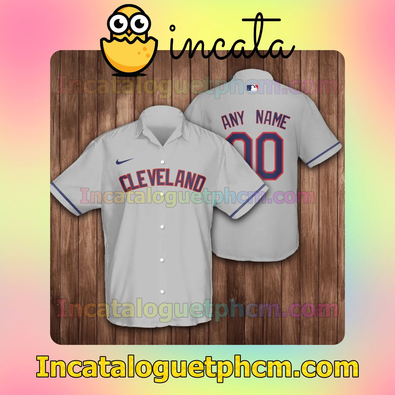 Personalized Cleveland Indians Baseball Grey Button Shirt And Swim Trunk