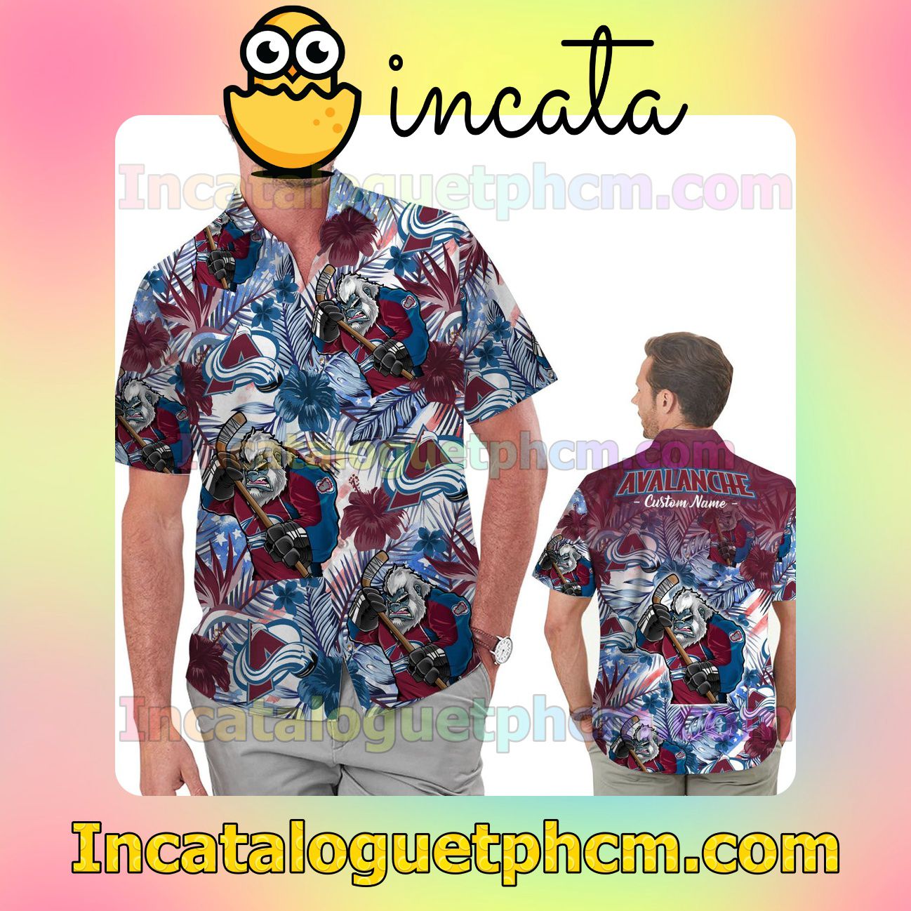 Personalized Colorado Avalanche Tropical Floral America Flag Beach Vacation Shirt, Swim Shorts