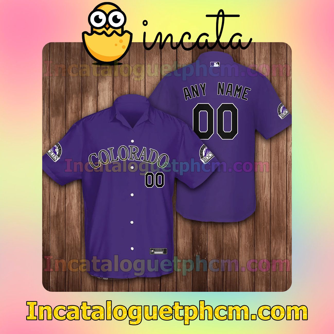 Personalized Colorado Rockies Baseball Purple Button Shirt And Swim Trunk