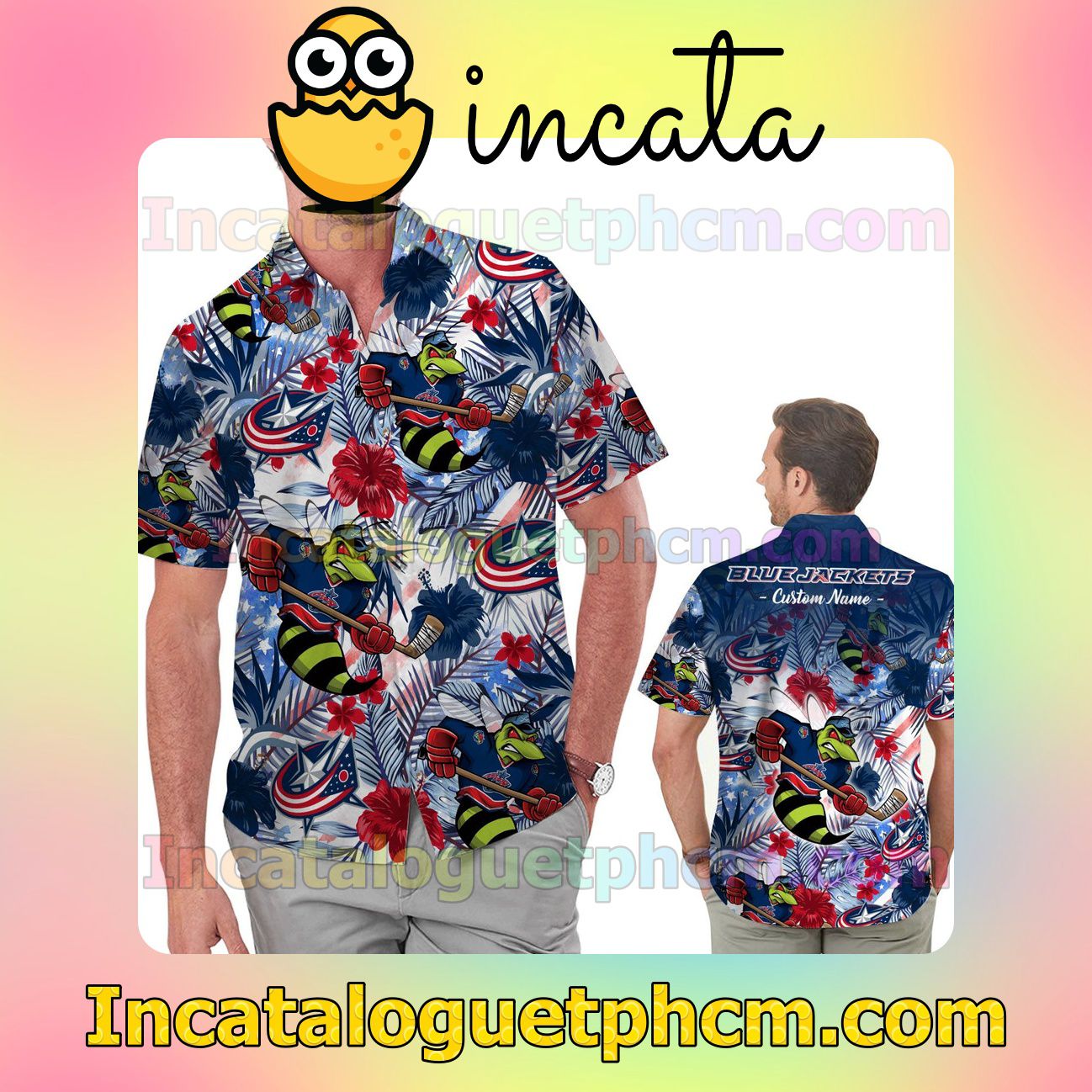 Personalized Columbus Blue Jackets Tropical Floral America Flag Beach Vacation Shirt, Swim Shorts