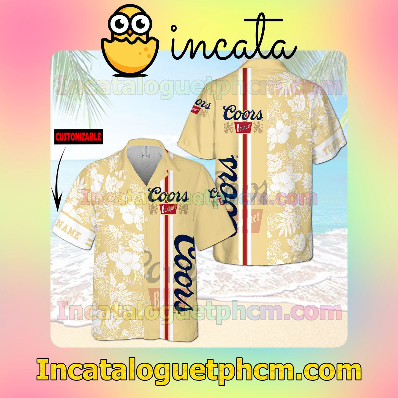 Personalized Coors Banquet Flowery Light Yellow Button Shirt And Swim Trunk