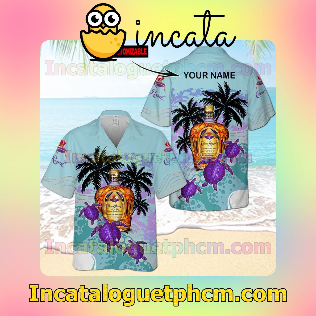 Personalized Crown Royal Turtles Palm Tree Light Blue Button Shirt And Swim Trunk
