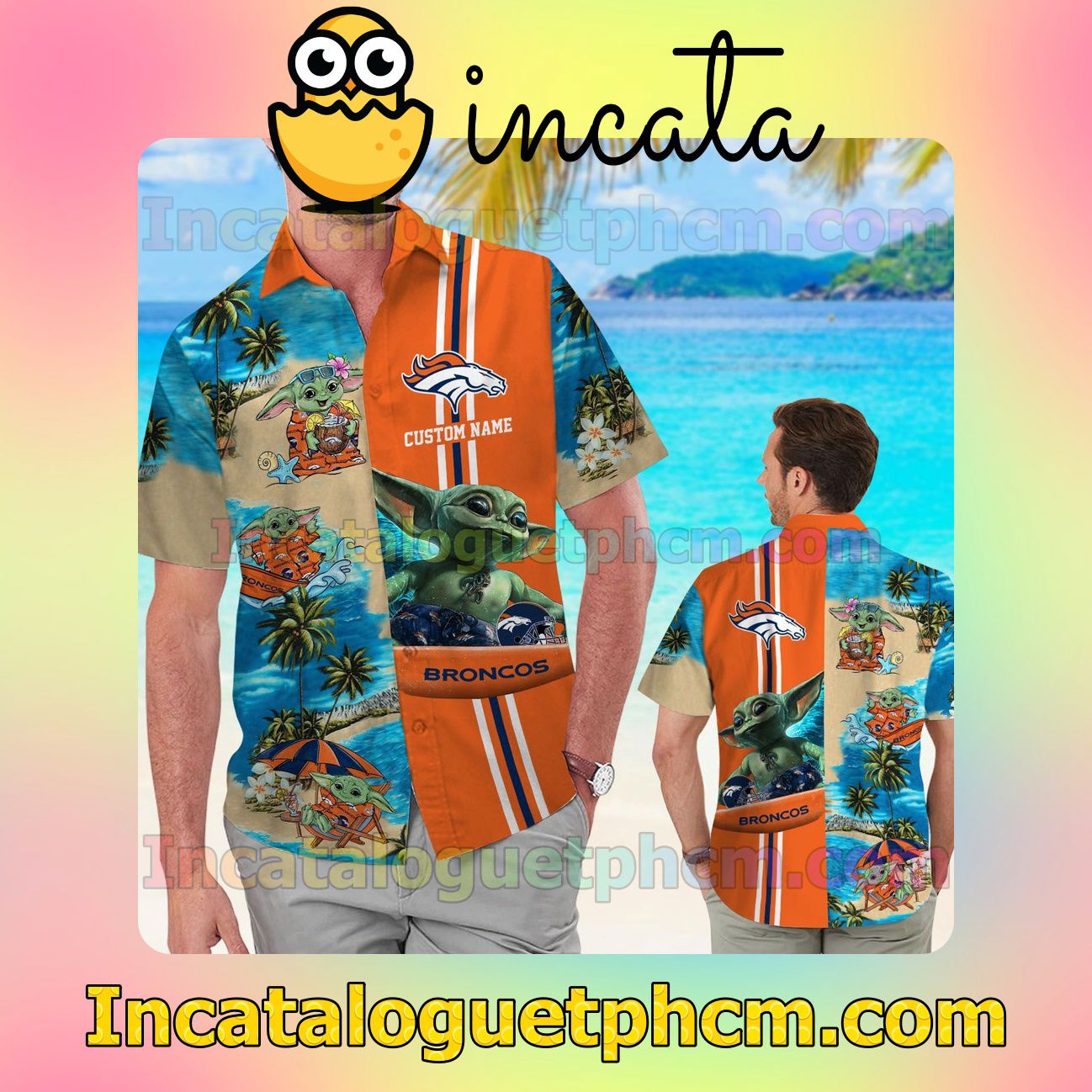 Personalized Denver Broncos Baby Yoda Beach Vacation Shirt, Swim Shorts