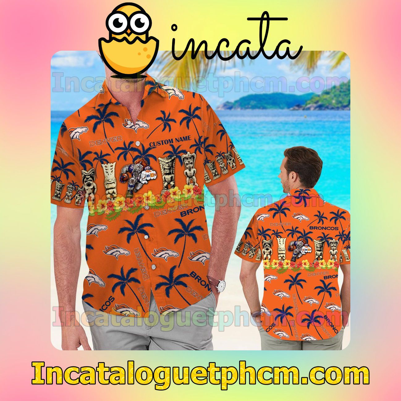 Personalized Denver Broncos Beach Vacation Shirt, Swim Shorts