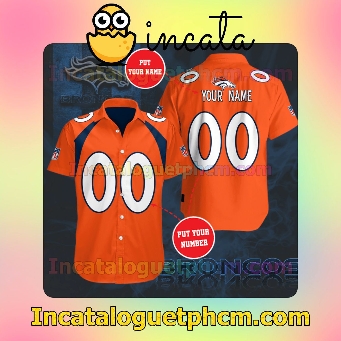Personalized Denver Broncos Football Team Orange Button Shirt And Swim Trunk