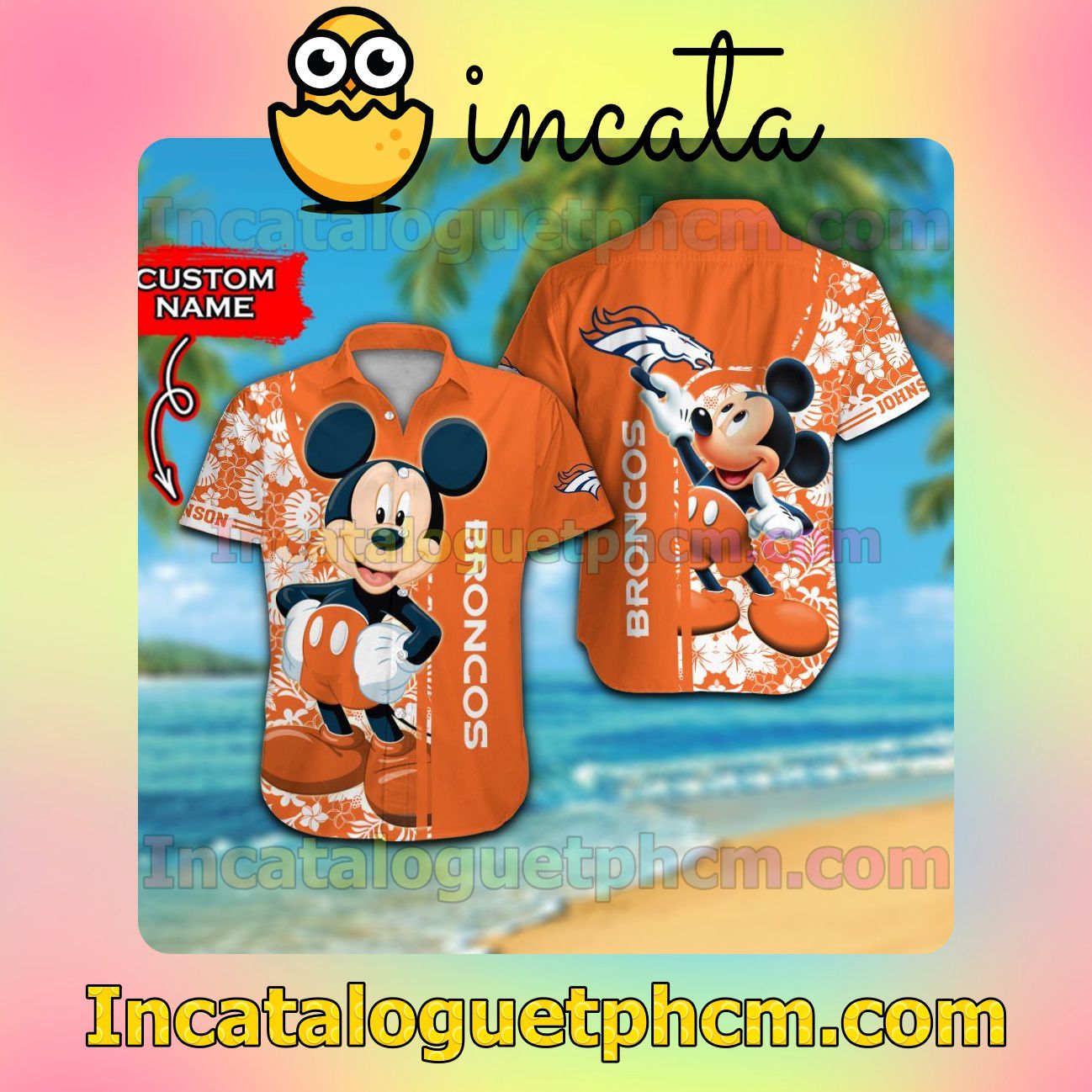 Personalized Denver Broncos & Mickey Mouse Beach Vacation Shirt, Swim Shorts