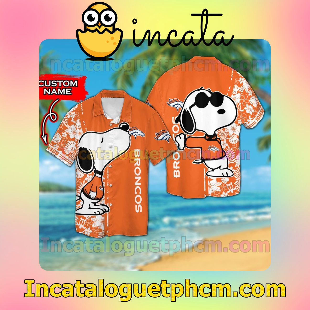 Personalized Denver Broncos & Snoopy Beach Vacation Shirt, Swim Shorts