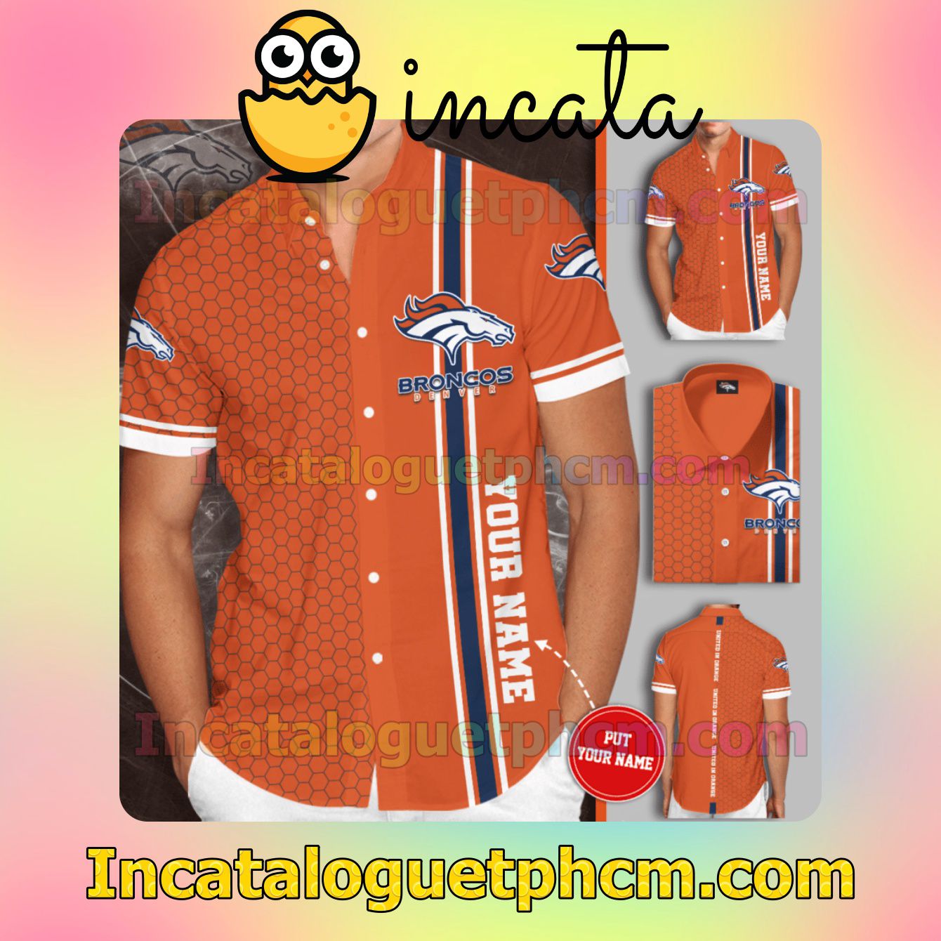 Personalized Denver Broncos Tiling Orange Button Shirt And Swim Trunk