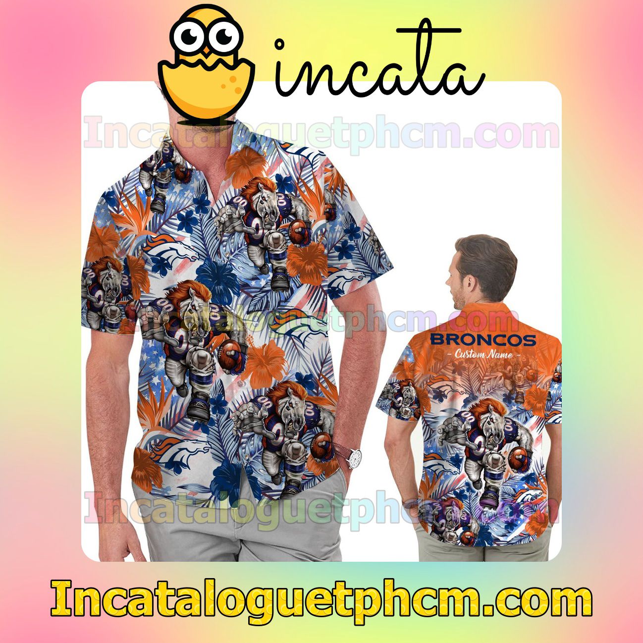 Personalized Denver Broncos Tropical Floral America Flag Aloha Beach Vacation Shirt, Swim Shorts